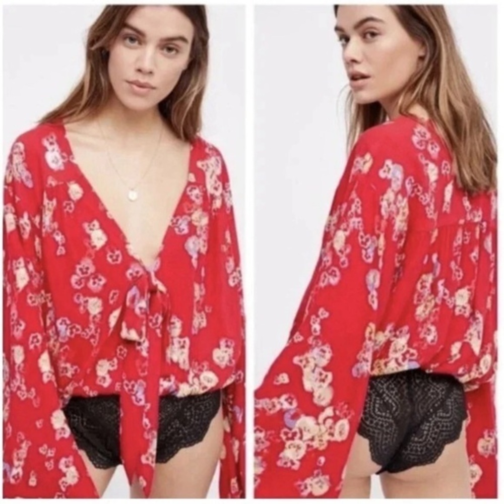 Free people Red Forties Feels Printed Bodysuit Blouse color Cherry size L